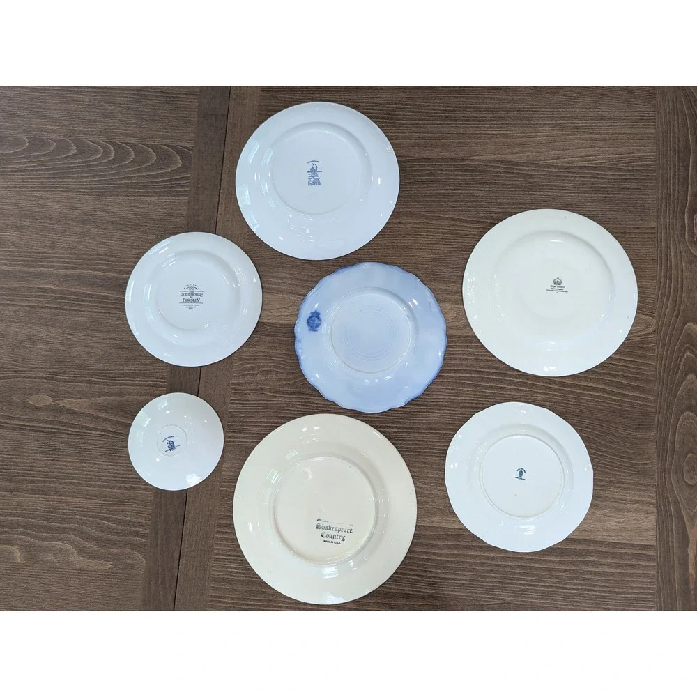 Vintage Blue White Transferware Flow Blue Plate Set Cobalt Countryside Decor